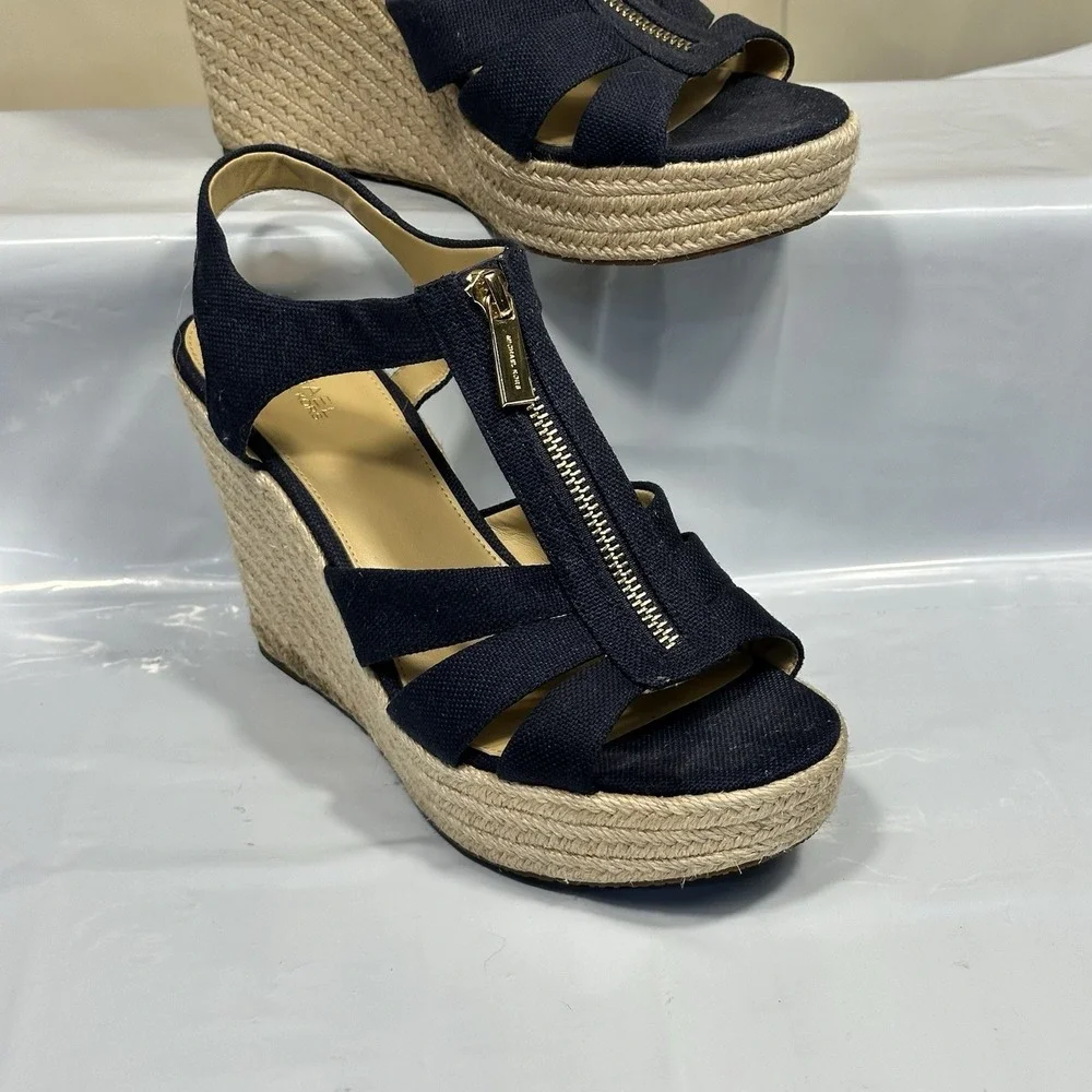 Michael MICHAEL KORS Berkley Wedge Platform Sandal Navy Canvas Zip US 10M
